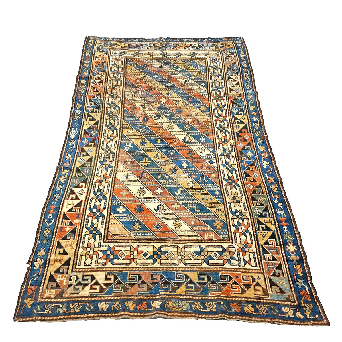 Antique Caucasian Kazak Wool 4x8 Ivory, Blue & Orange Handmade Gallery Rug #9901397