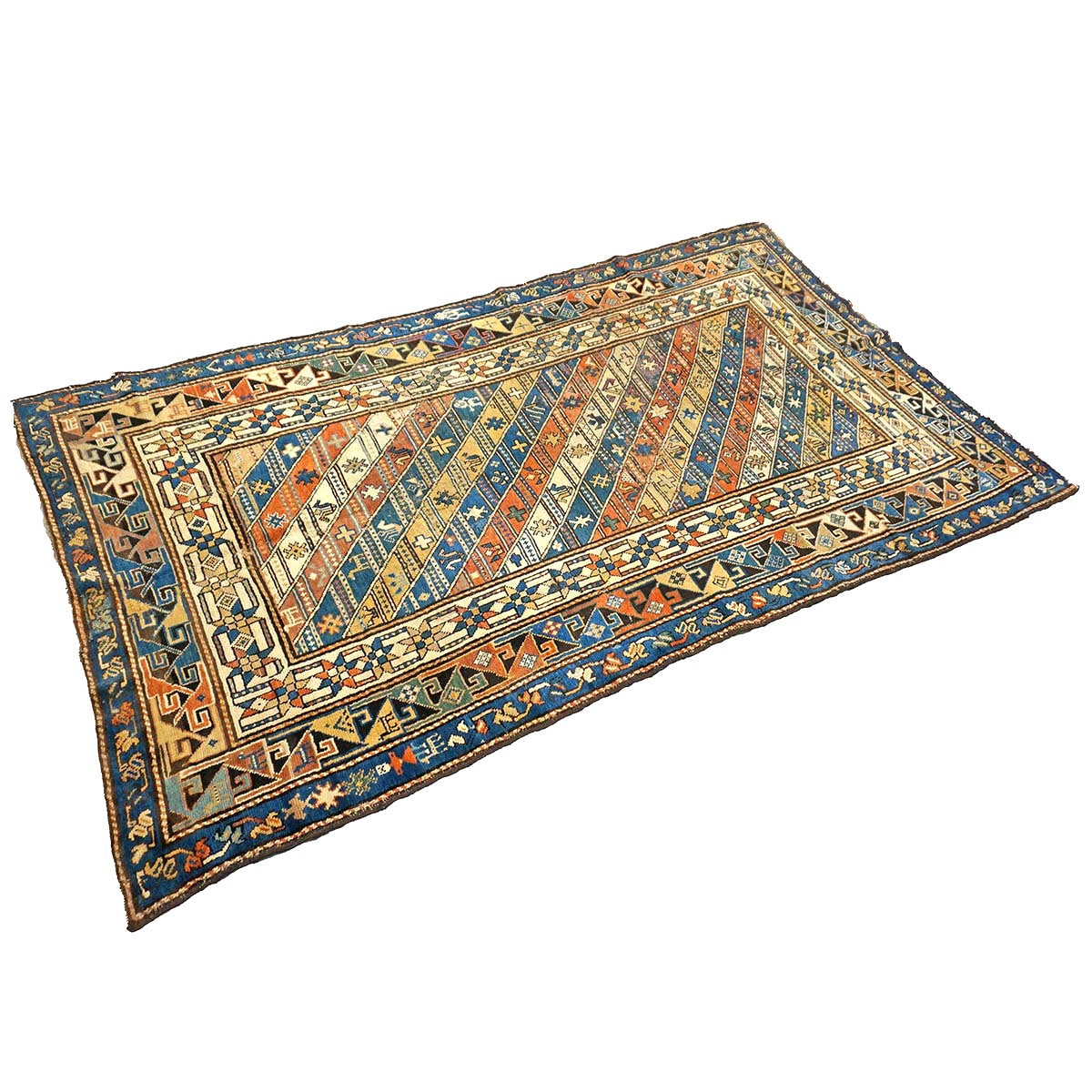 Antique Caucasian Kazak Wool 4x8 Ivory, Blue & Orange Handmade Gallery Rug #9901397