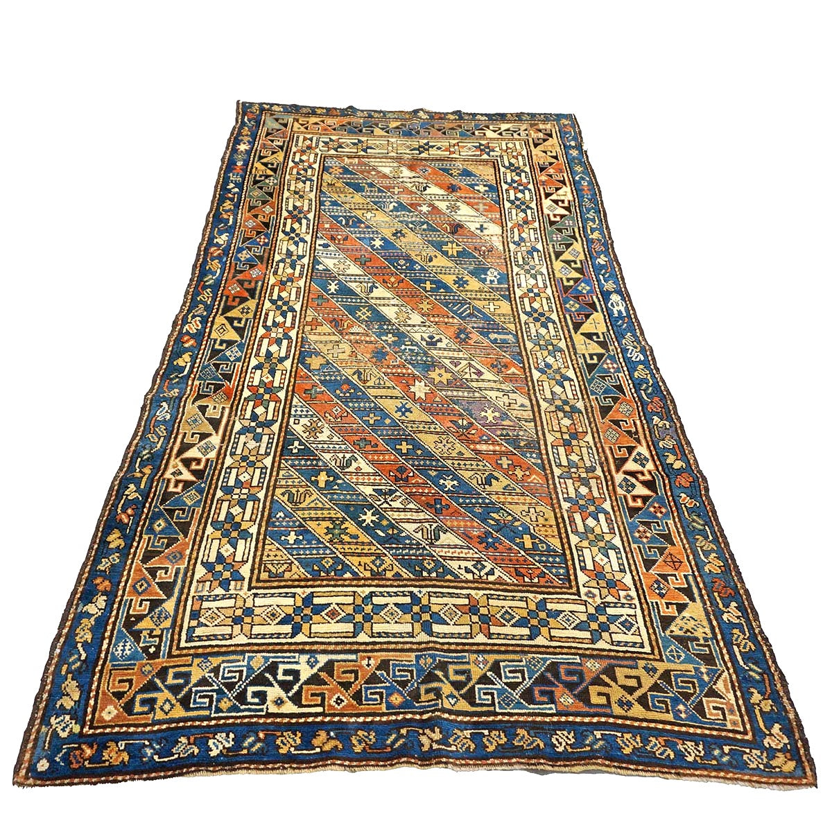 Antique Caucasian Kazak Wool 4x8 Ivory, Blue & Orange Handmade Gallery Rug #9901397
