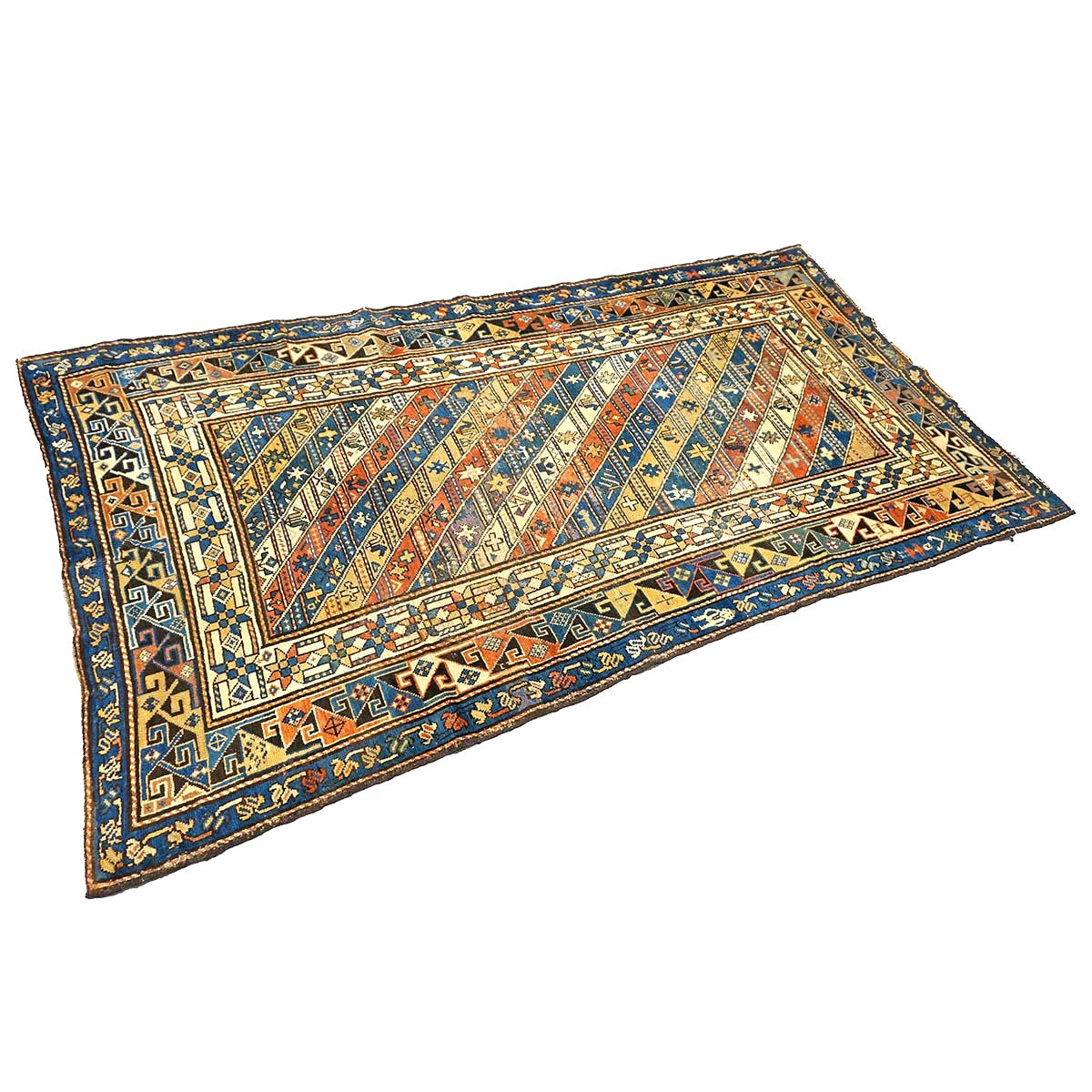 Antique Caucasian Kazak Wool 4x8 Ivory, Blue & Orange Handmade Gallery Rug #9901397