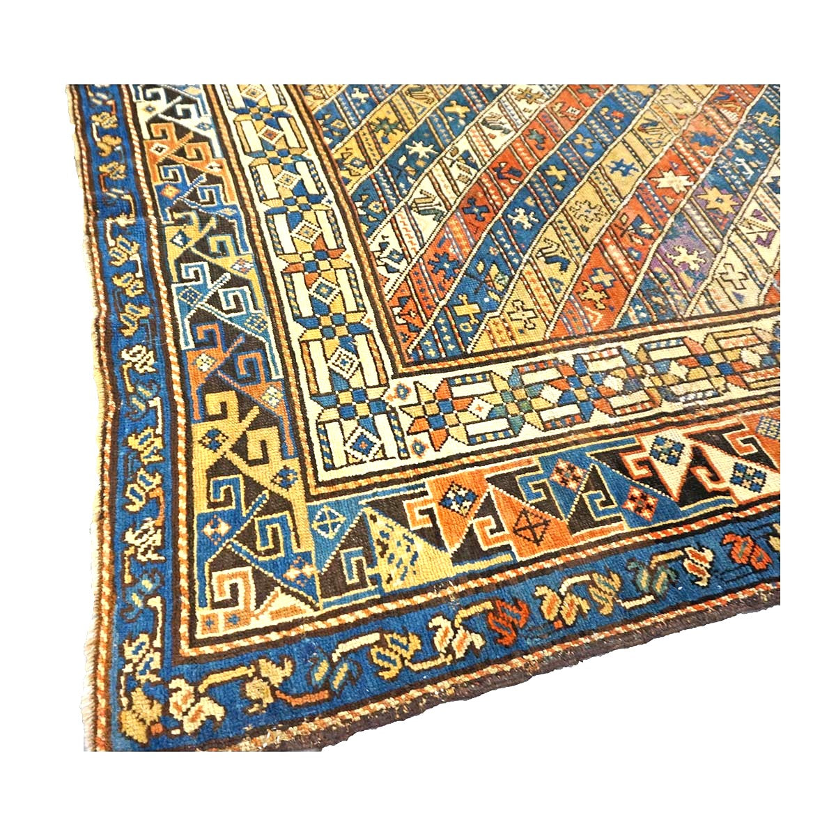 Antique Caucasian Kazak Wool 4x8 Ivory, Blue & Orange Handmade Gallery Rug #9901397