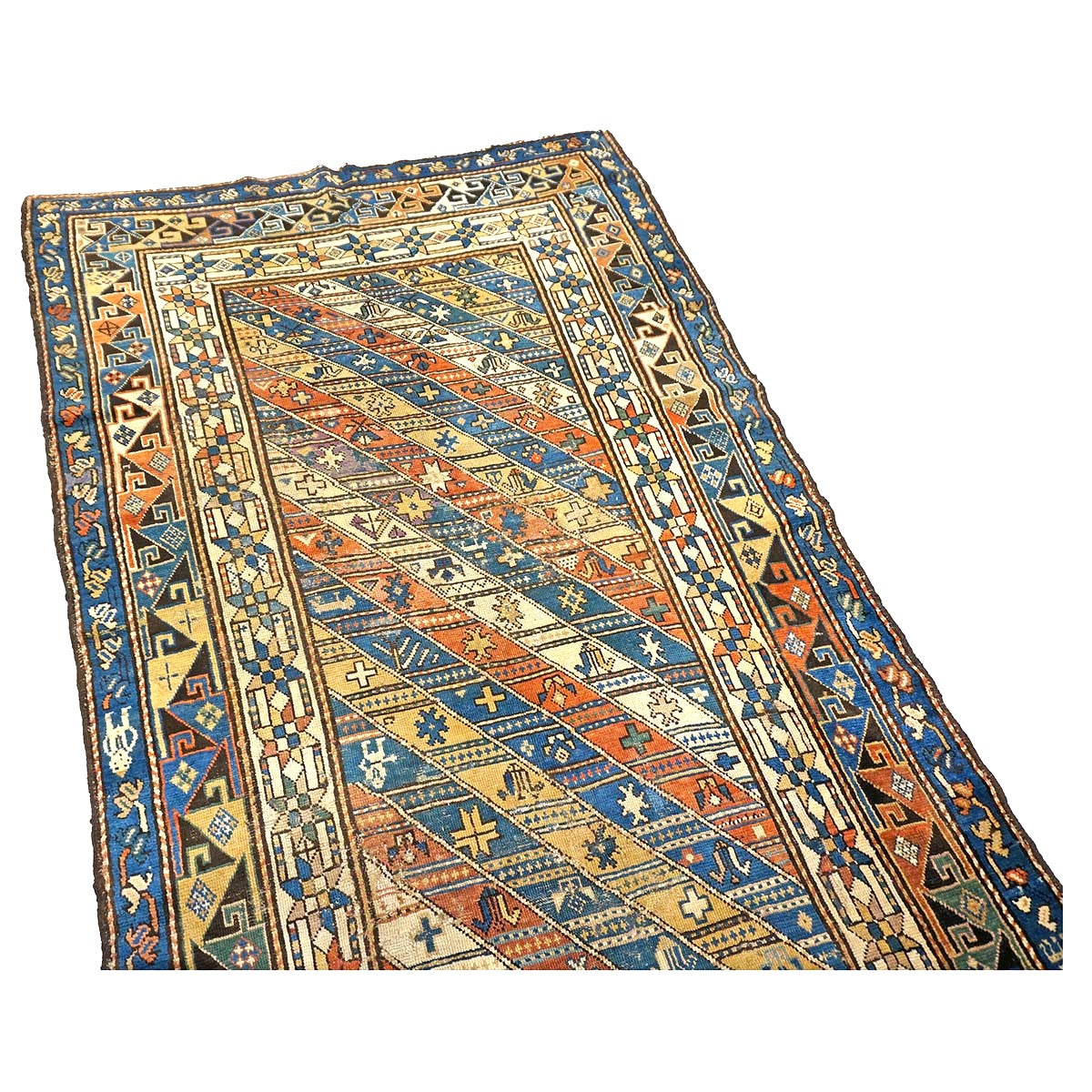 Antique Caucasian Kazak Wool 4x8 Ivory, Blue & Orange Handmade Gallery Rug #9901397