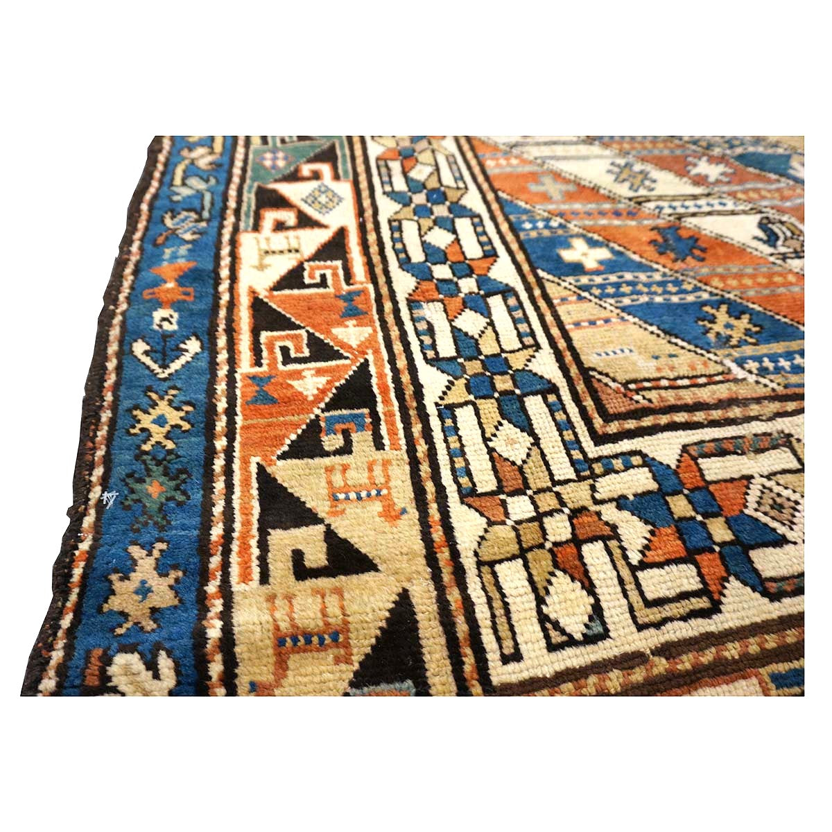 Antique Caucasian Kazak Wool 4x8 Ivory, Blue & Orange Handmade Gallery Rug #9901397