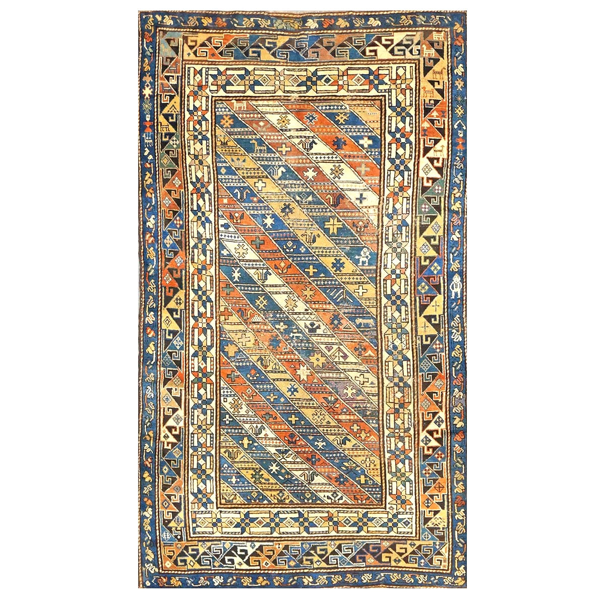 Antique Caucasian Kazak Wool 4x8 Ivory, Blue & Orange Handmade Gallery Rug #9901397