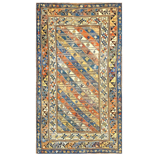 Antique Caucasian Kazak Wool 4x8 Ivory, Blue & Orange Handmade Gallery Rug #9901397