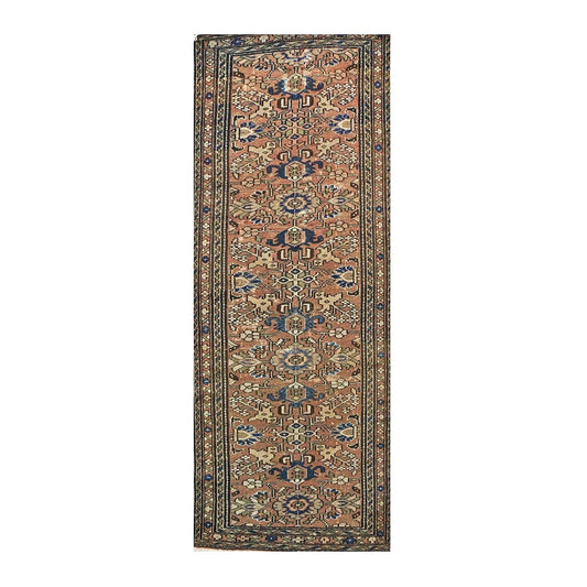 Antique Persian Hamadan Wool 3x10 Brick, Ivory & Brown Handmade Runner Rug # 9901453