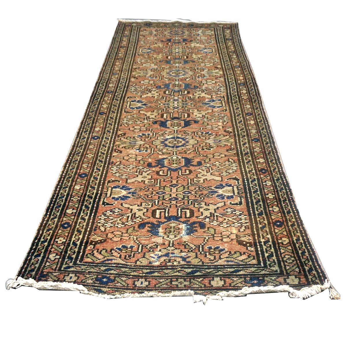 Antique Persian Hamadan Wool 3x10 Brick, Ivory & Brown Handmade Runner Rug # 9901453