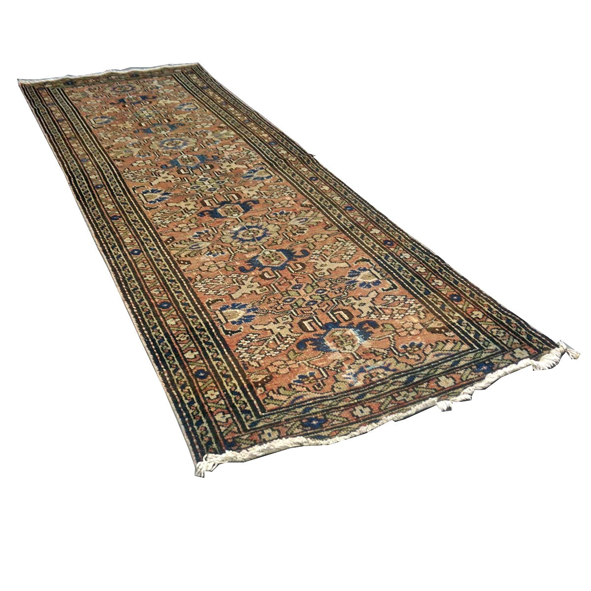 Antique Persian Hamadan Wool 3x10 Brick, Ivory & Brown Handmade Runner Rug # 9901453