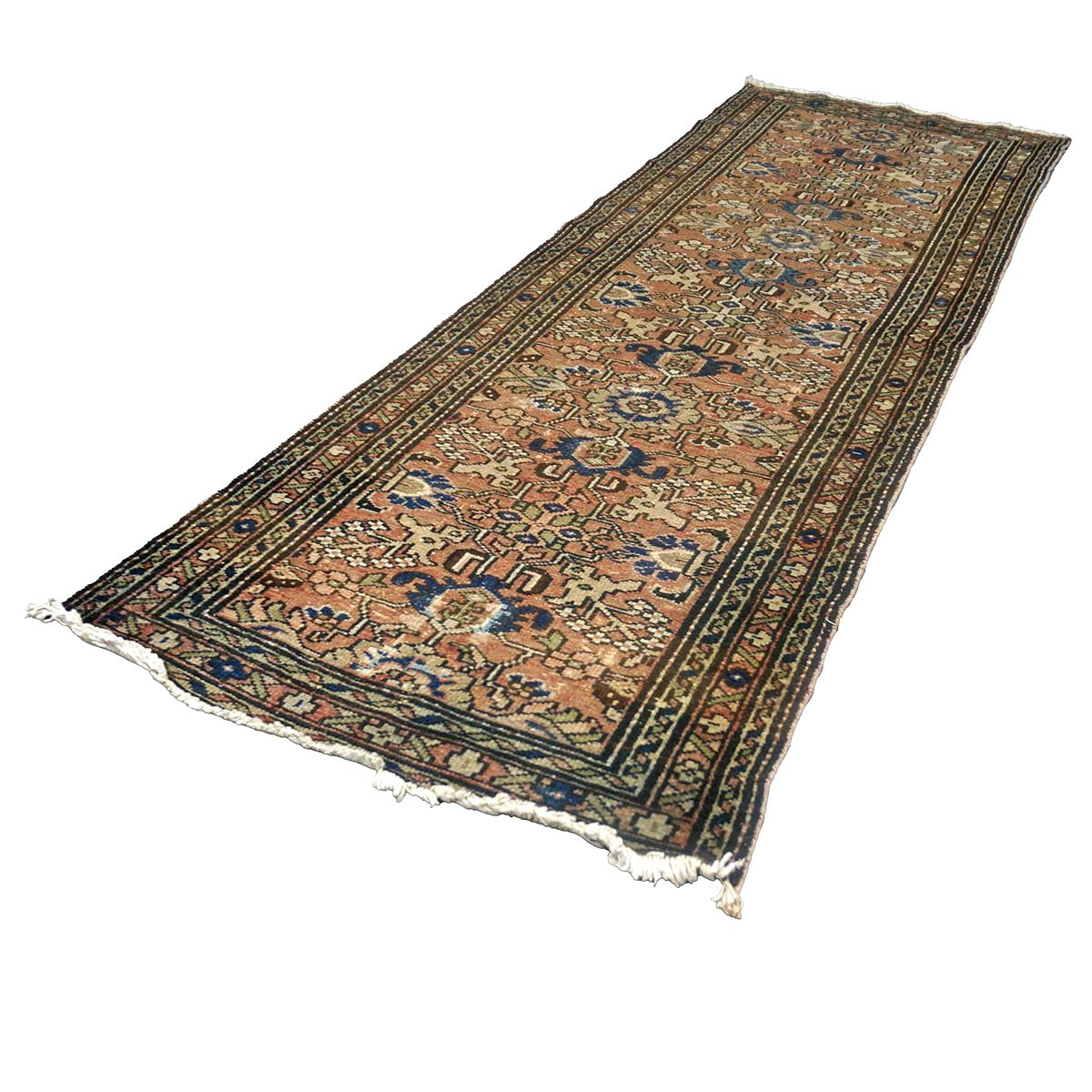Antique Persian Hamadan Wool 3x10 Brick, Ivory & Brown Handmade Runner Rug # 9901453