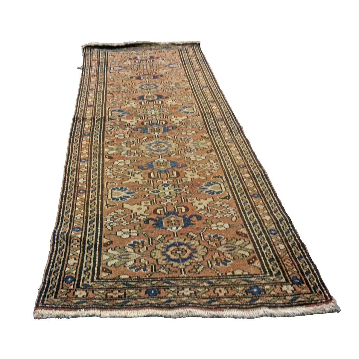 Antique Persian Hamadan Wool 3x10 Brick, Ivory & Brown Handmade Runner Rug # 9901453