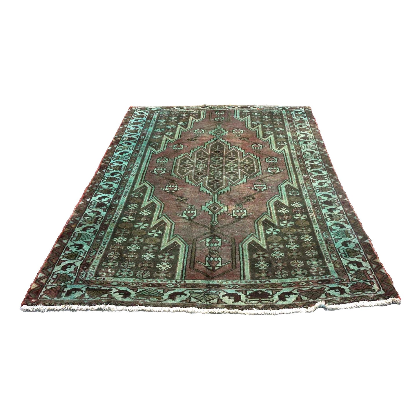 Vintage Persian Hamadan Overdyed Wool 4x7 Teal, Red & Brown Handmade Area Rug #9901513