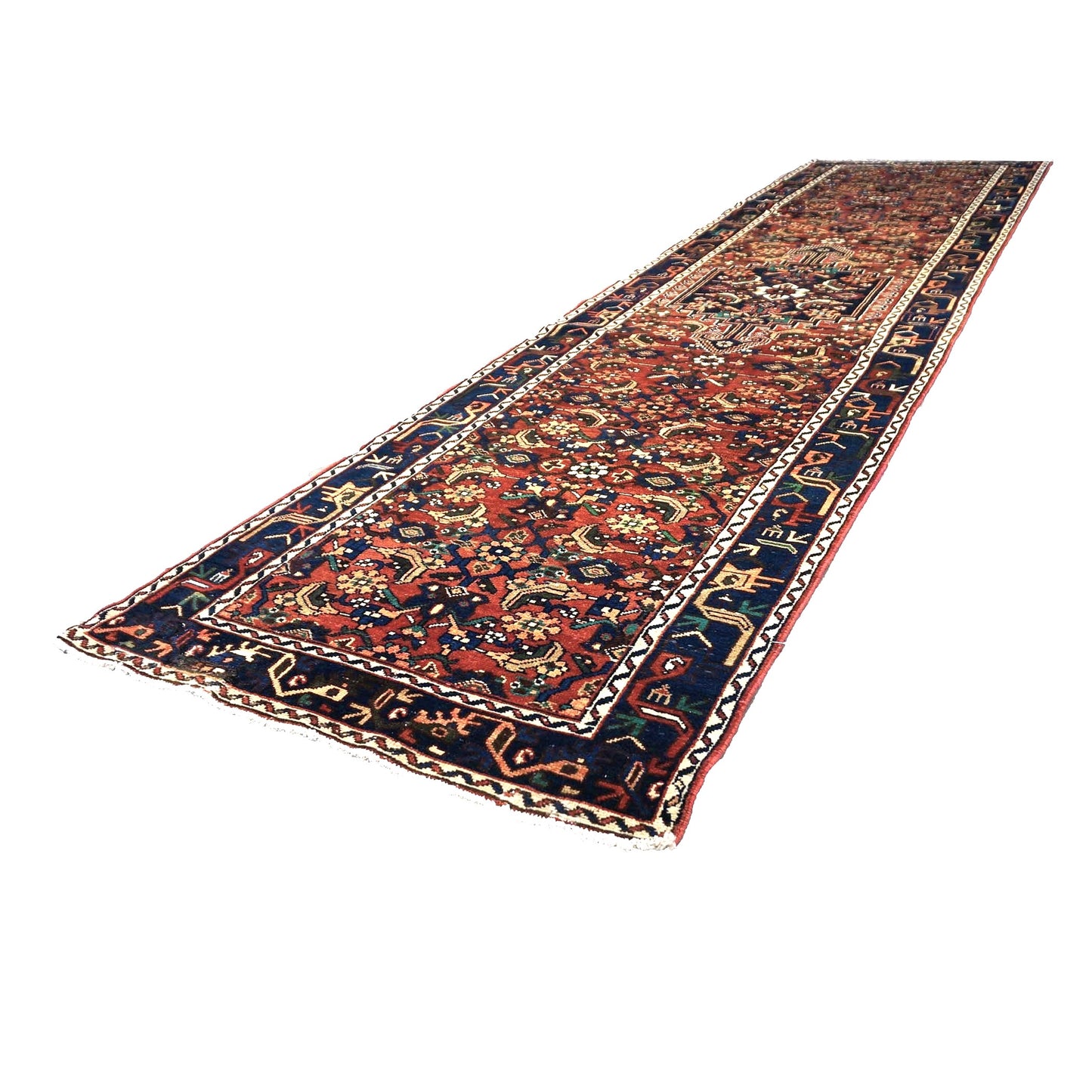 Persian Hamadan Wool 3x13 Rust, Navy & Ivory Handmade Runner Rug #9901535