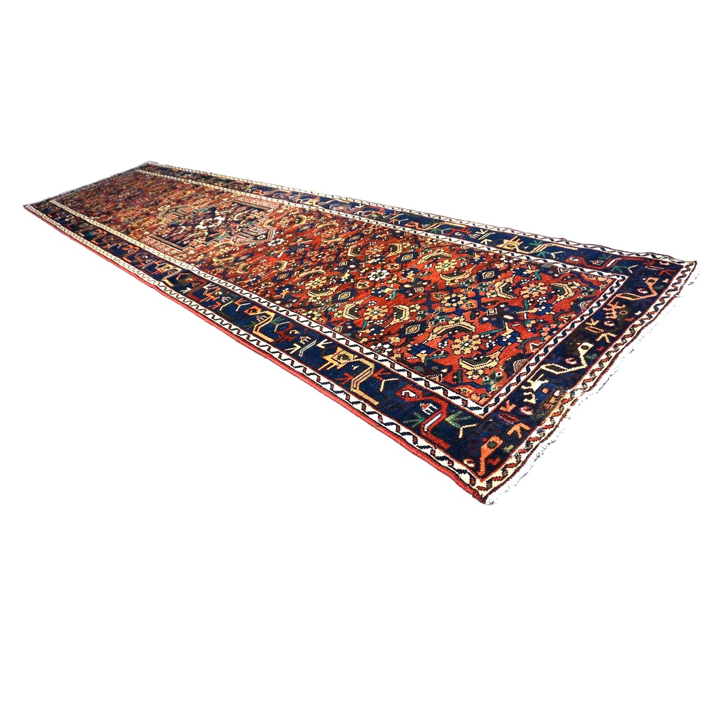 Persian Hamadan Wool 3x13 Rust, Navy & Ivory Handmade Runner Rug #9901535