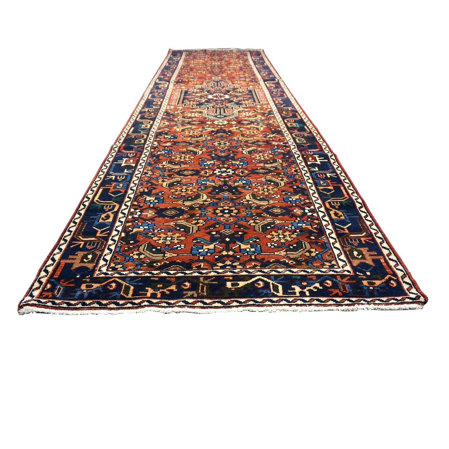Persian Hamadan Wool 3x13 Rust, Navy & Ivory Handmade Runner Rug #9901535