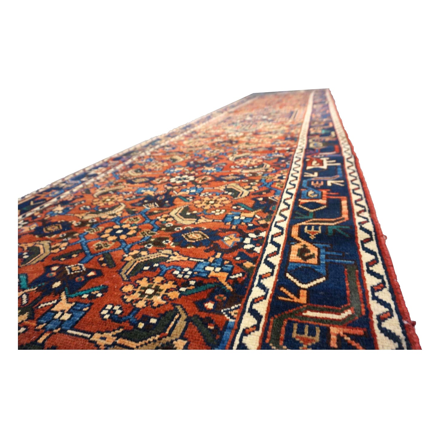 Persian Hamadan Wool 3x13 Rust, Navy & Ivory Handmade Runner Rug #9901535