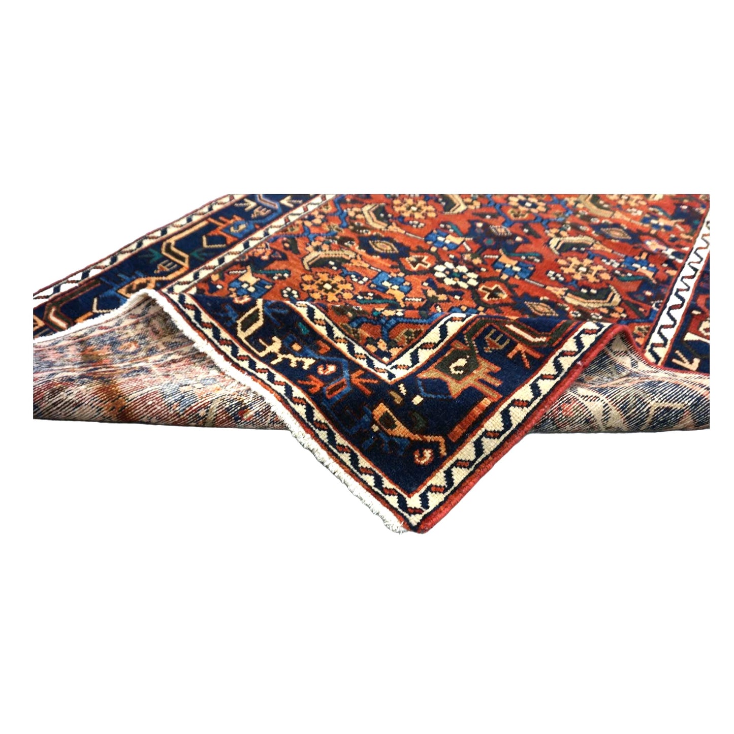 Persian Hamadan Wool 3x13 Rust, Navy & Ivory Handmade Runner Rug #9901535