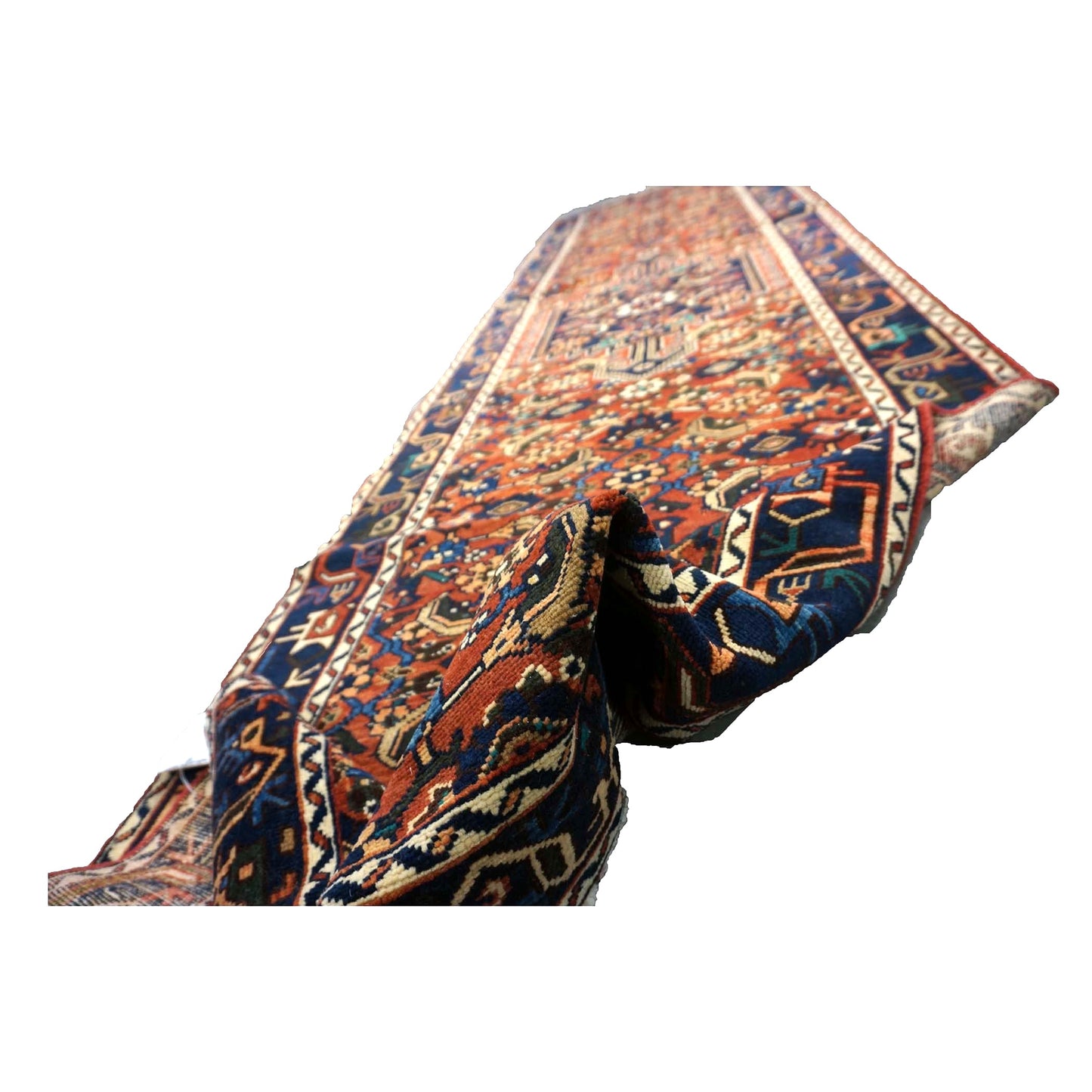 Persian Hamadan Wool 3x13 Rust, Navy & Ivory Handmade Runner Rug #9901535