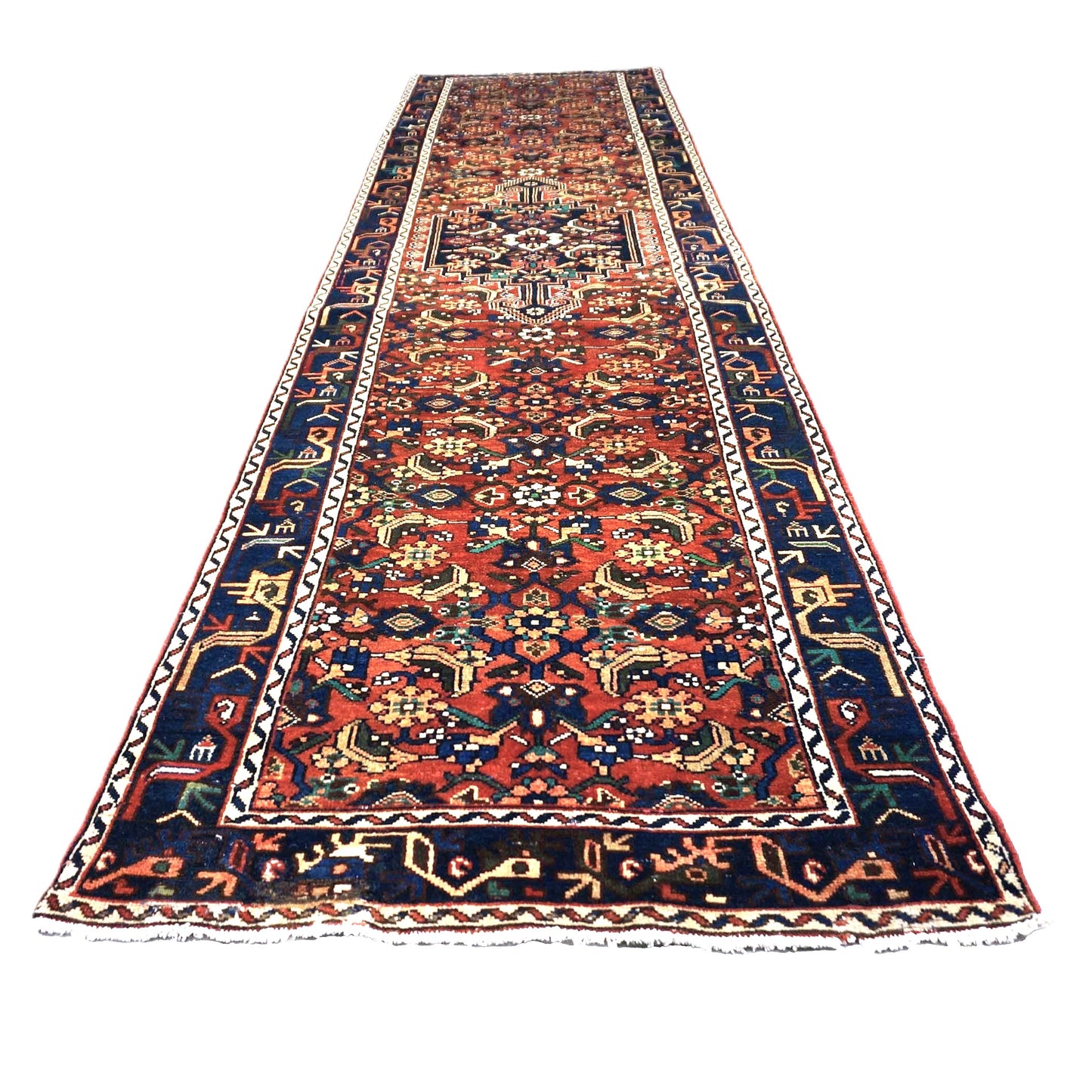 Persian Hamadan Wool 3x13 Rust, Navy & Ivory Handmade Runner Rug #9901535