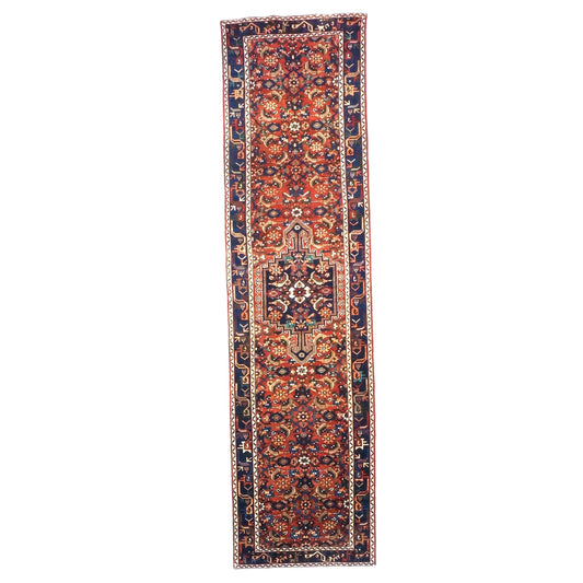 Persian Hamadan Wool 3x13 Rust, Navy & Ivory Handmade Runner Rug #9901535
