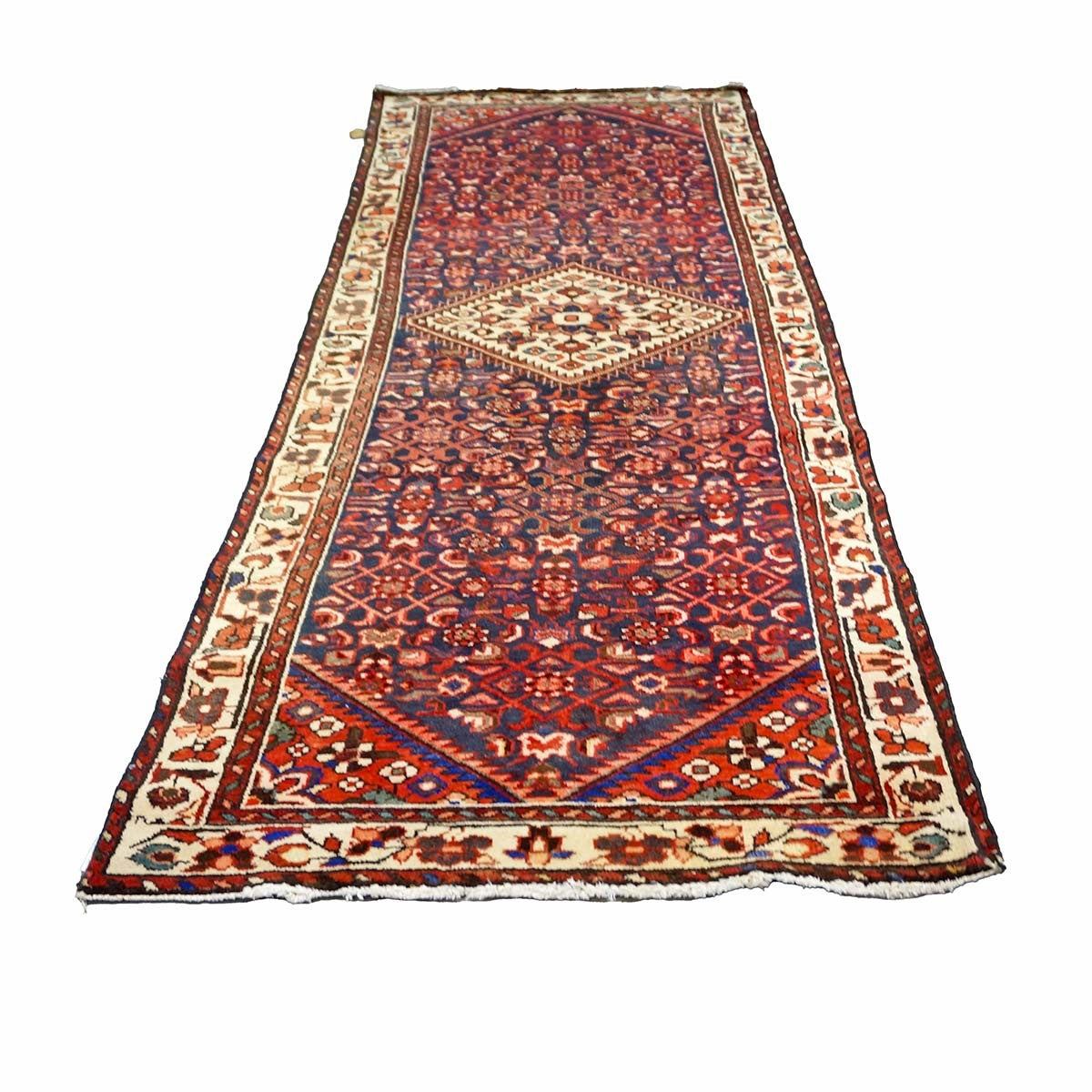 Antique Persian Hamadan Wool 3x9  Red, Navy & Ivory Handmade Runner Rug # 9901589