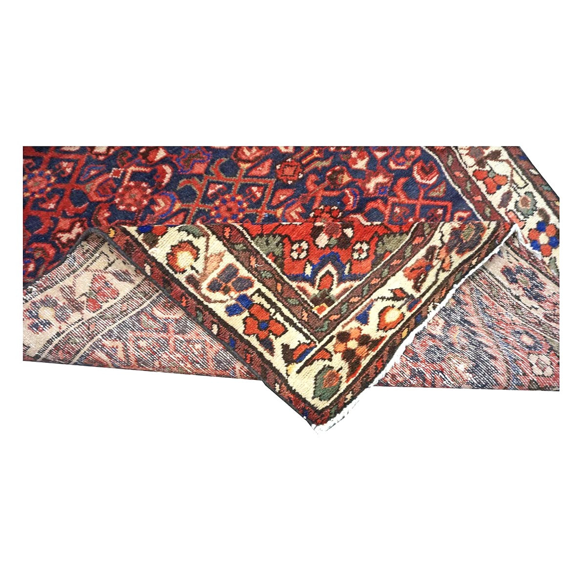 Antique Persian Hamadan Wool 3x9  Red, Navy & Ivory Handmade Runner Rug # 9901589