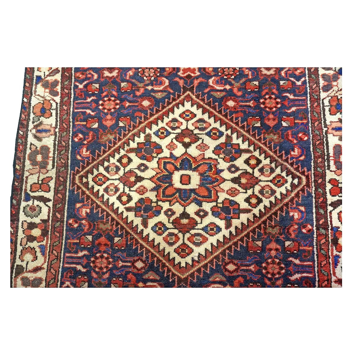 Antique Persian Hamadan Wool 3x9  Red, Navy & Ivory Handmade Runner Rug # 9901589