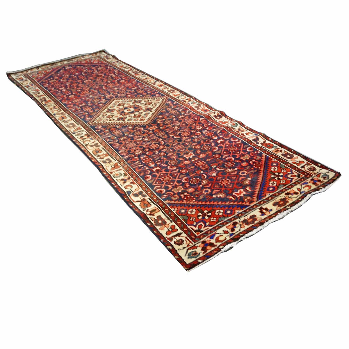 Antique Persian Hamadan Wool 3x9  Red, Navy & Ivory Handmade Runner Rug # 9901589