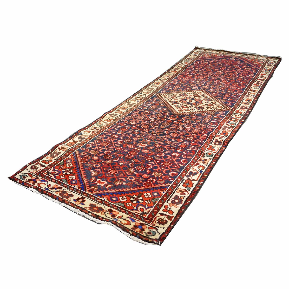 Antique Persian Hamadan Wool 3x9  Red, Navy & Ivory Handmade Runner Rug # 9901589