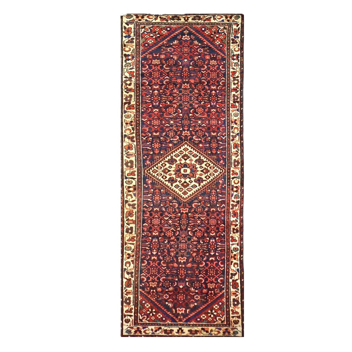 Antique Persian Hamadan Wool 3x9  Red, Navy & Ivory Handmade Runner Rug # 9901589