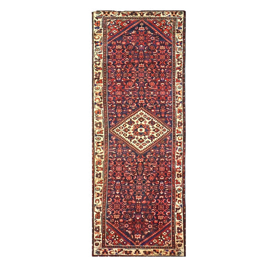 Antique Persian Hamadan Wool 3x9  Red, Navy & Ivory Handmade Runner Rug # 9901589