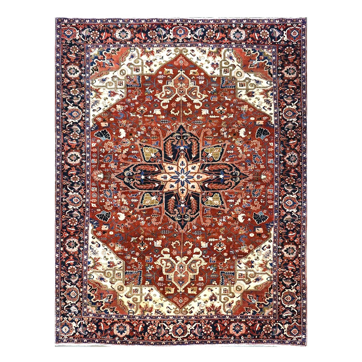 Vintage Persian Heriz 10x13 Red, Navy, & Ivory Handmade Area Rug #9901667
