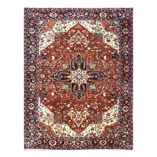 Vintage Persian Heriz 10x13 Red, Navy, & Ivory Handmade Area Rug #9901667