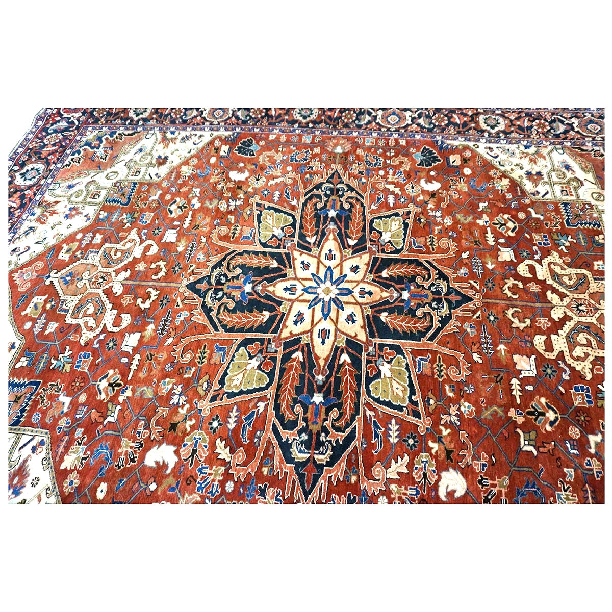 Vintage Persian Heriz 10x13 Red, Navy, & Ivory Handmade Area Rug #9901667