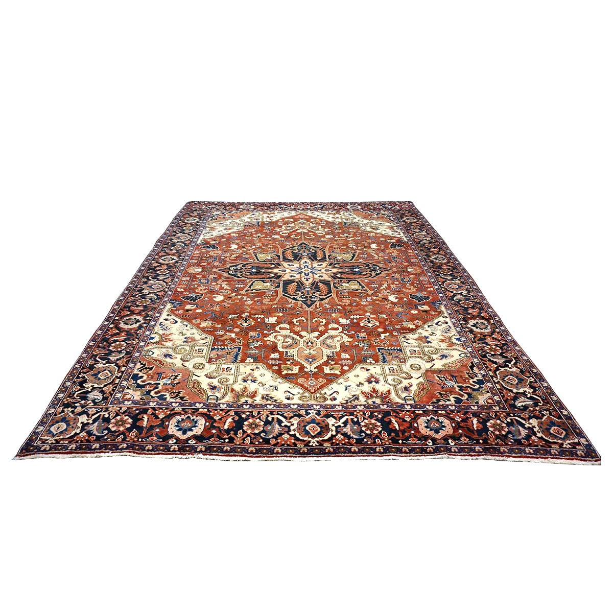 Vintage Persian Heriz 10x13 Red, Navy, & Ivory Handmade Area Rug #9901667