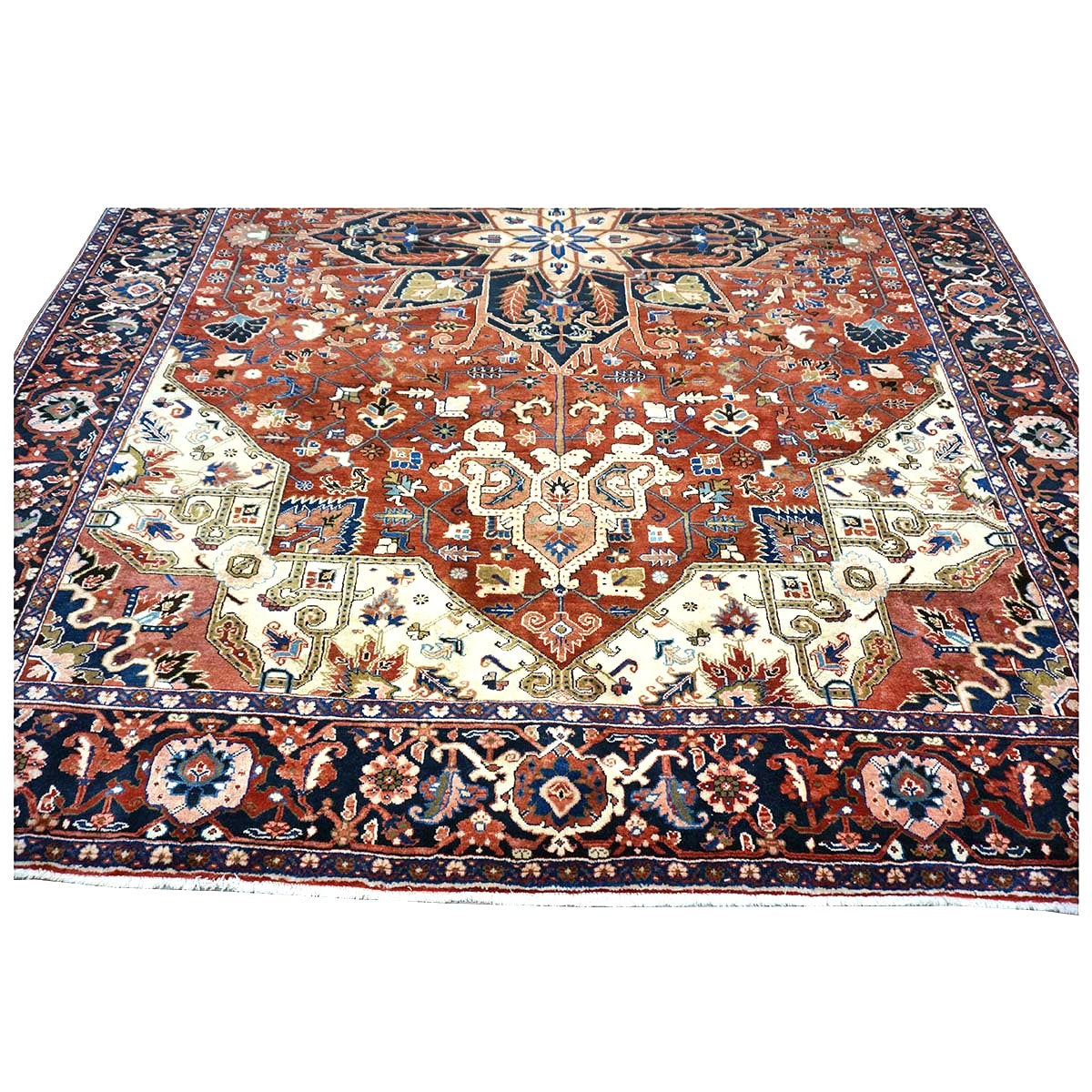 Vintage Persian Heriz 10x13 Red, Navy, & Ivory Handmade Area Rug #9901667