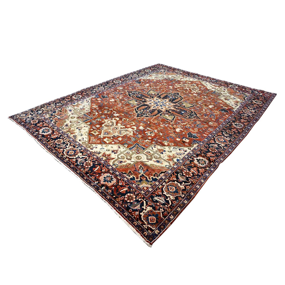 Vintage Persian Heriz 10x13 Red, Navy, & Ivory Handmade Area Rug #9901667