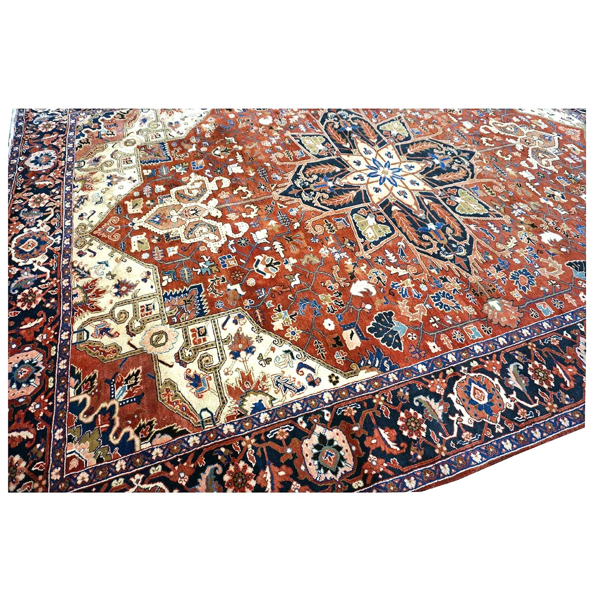 Vintage Persian Heriz 10x13 Red, Navy, & Ivory Handmade Area Rug #9901667
