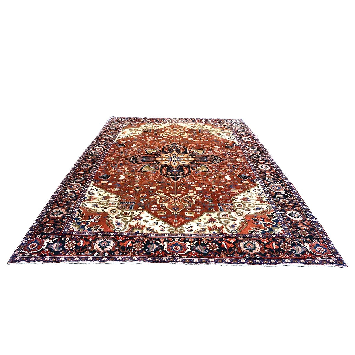Vintage Persian Heriz 10x13 Red, Navy, & Ivory Handmade Area Rug #9901667
