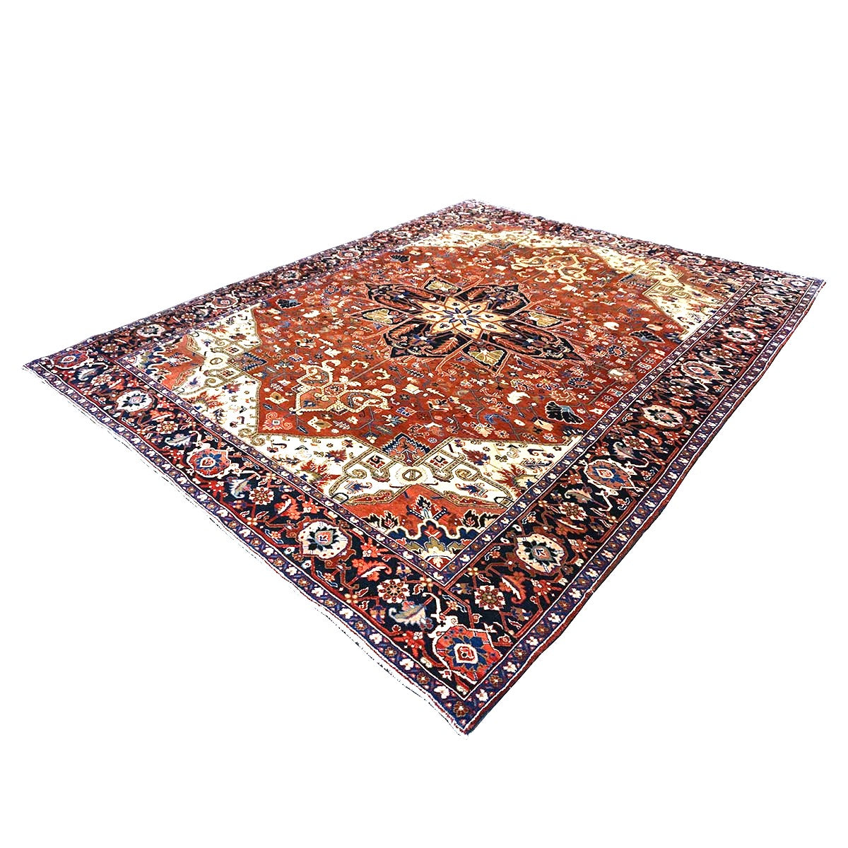 Vintage Persian Heriz 10x13 Red, Navy, & Ivory Handmade Area Rug #9901667