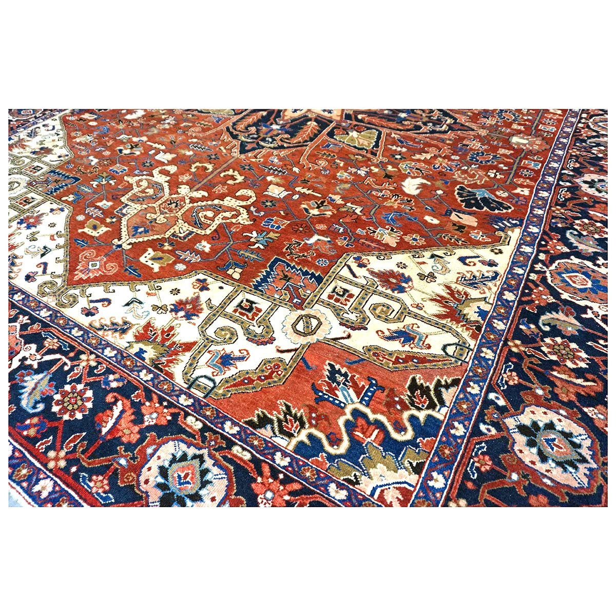 Vintage Persian Heriz 10x13 Red, Navy, & Ivory Handmade Area Rug #9901667
