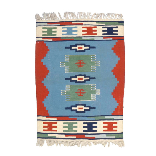 Persian Kilim Flatweave Wool 3x5 Blue, Ivory & Red Handmade Area Rug #9901714