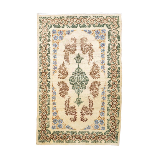 Antique Persian Kerman Wool 3x5 Ivory, Brown & Green Handmade Area Rug # 9901746