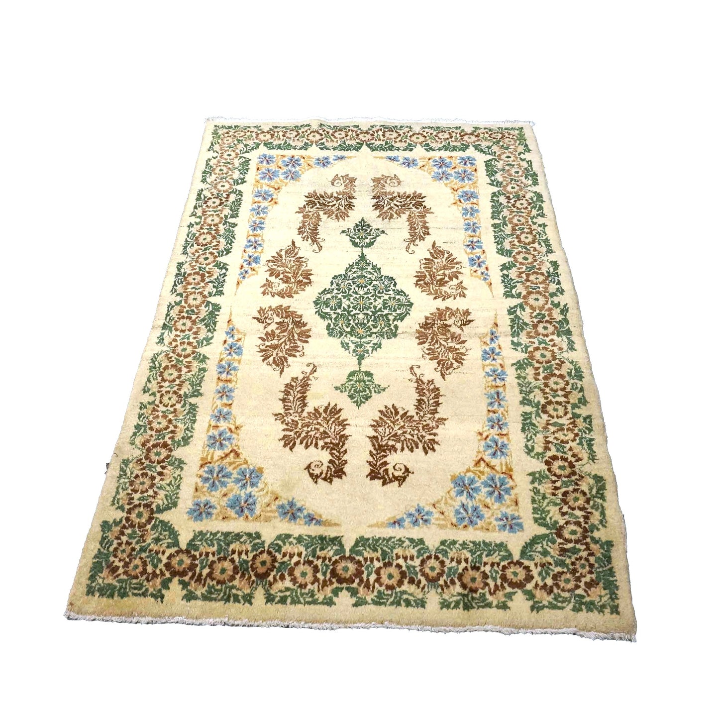 Antique Persian Kerman Wool 3x5 Ivory, Brown & Green Handmade Area Rug # 9901746