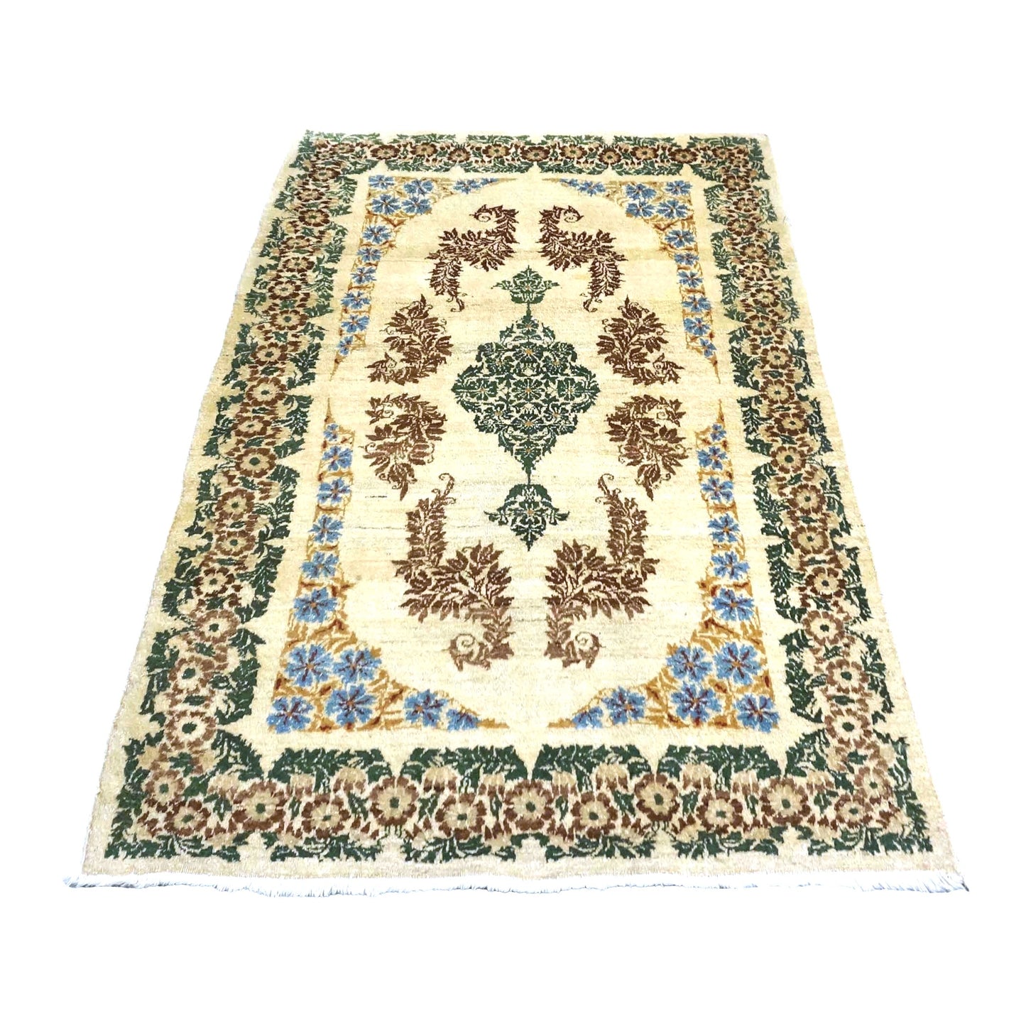 Antique Persian Kerman Wool 3x5 Ivory, Brown & Green Handmade Area Rug # 9901746