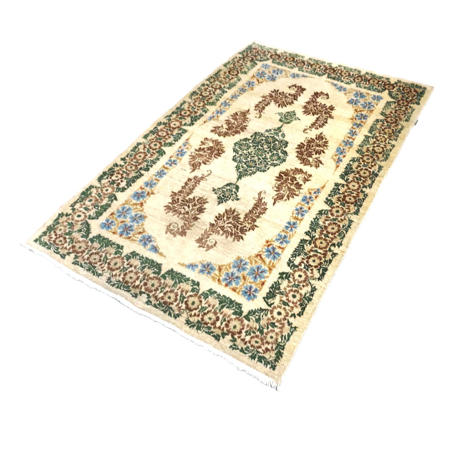 Antique Persian Kerman Wool 3x5 Ivory, Brown & Green Handmade Area Rug # 9901746