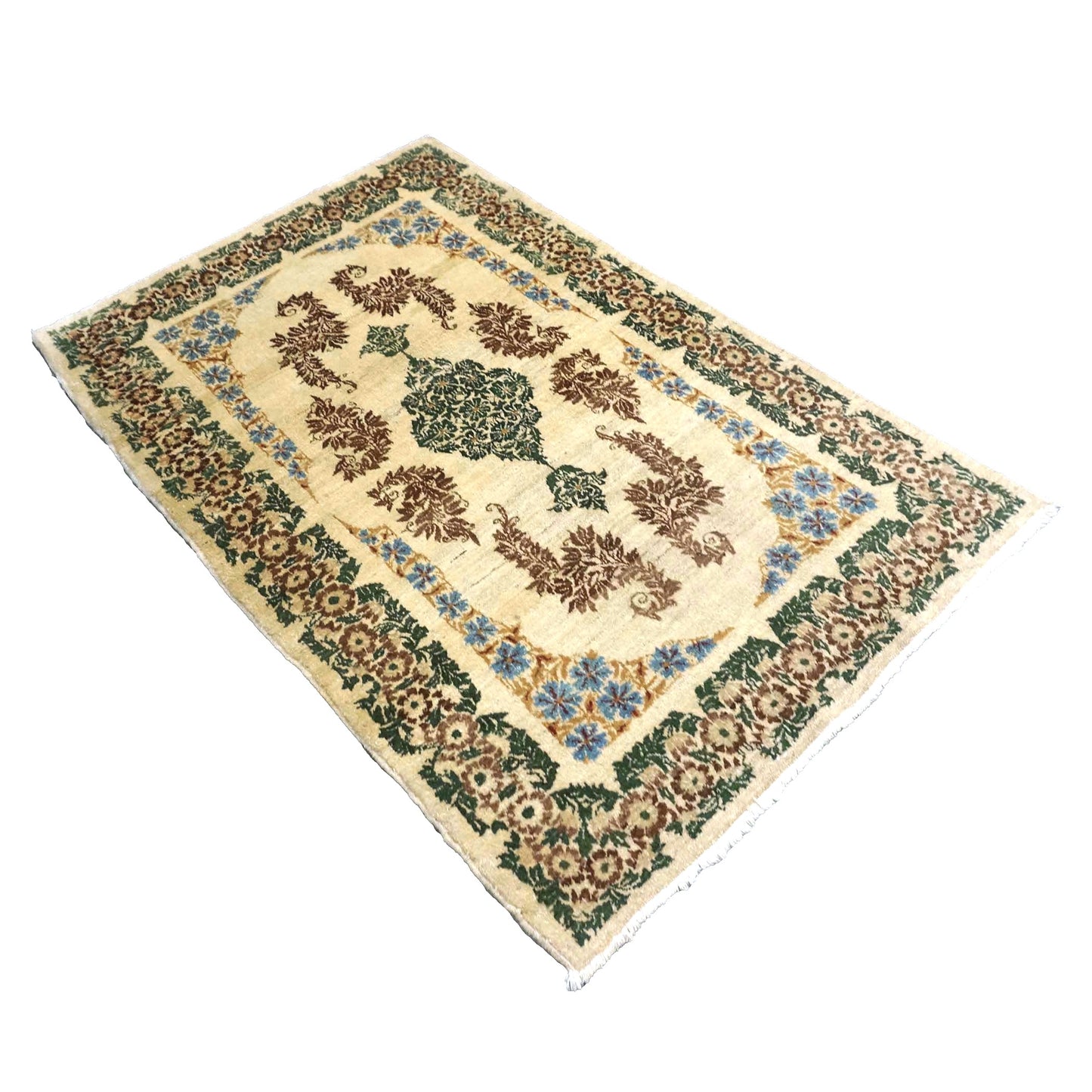 Antique Persian Kerman Wool 3x5 Ivory, Brown & Green Handmade Area Rug # 9901746