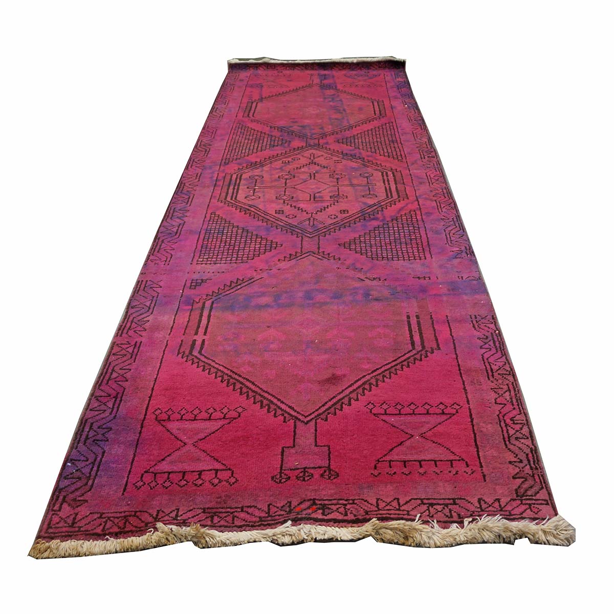 Vintage Persian Distressed Overdye Wool 3x9 Fuchsia Handmade Runner Rug # 9901883