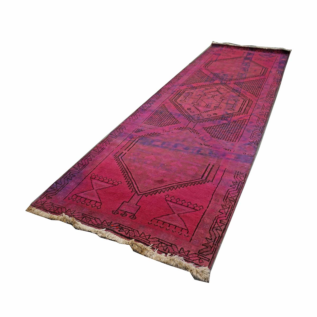 Vintage Persian Distressed Overdye Wool 3x9 Fuchsia Handmade Runner Rug # 9901883