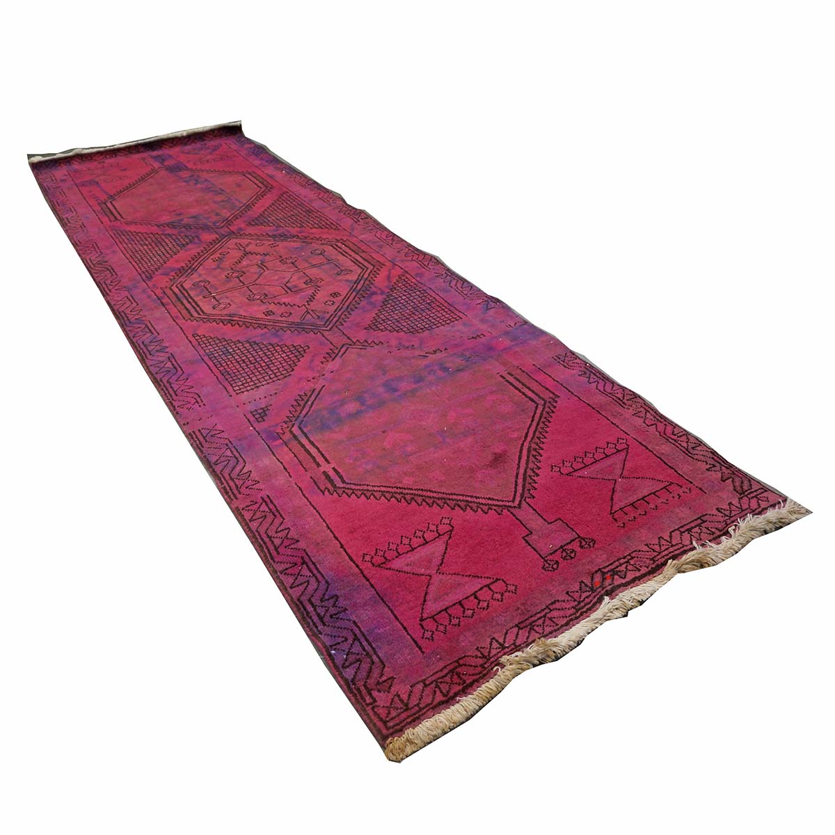 Vintage Persian Distressed Overdye Wool 3x9 Fuchsia Handmade Runner Rug # 9901883