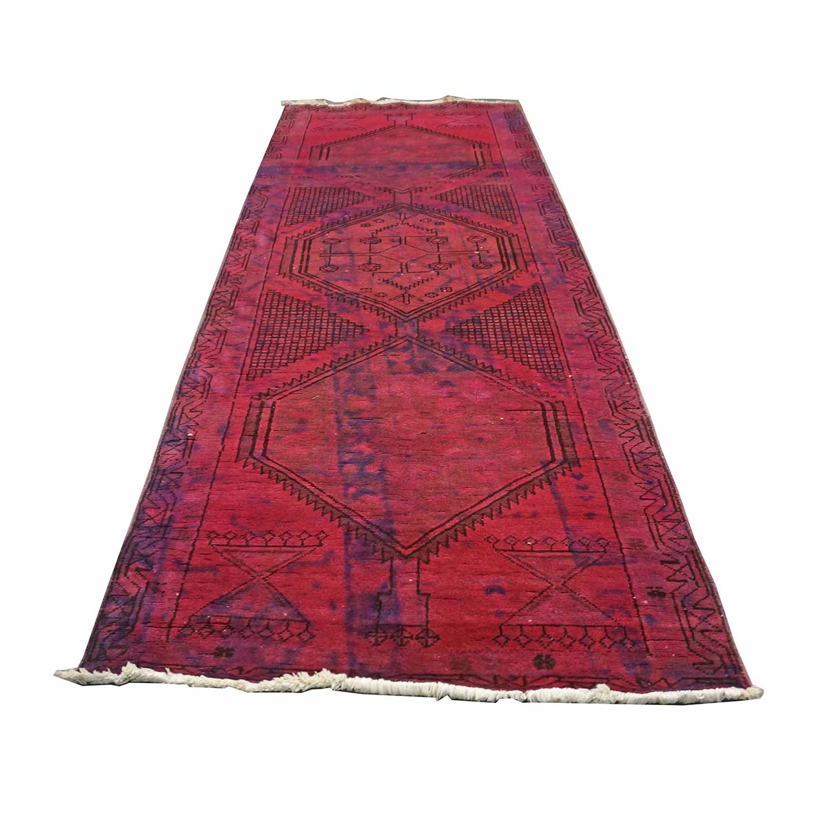 Vintage Persian Distressed Overdye Wool 3x9 Fuchsia Handmade Runner Rug # 9901883